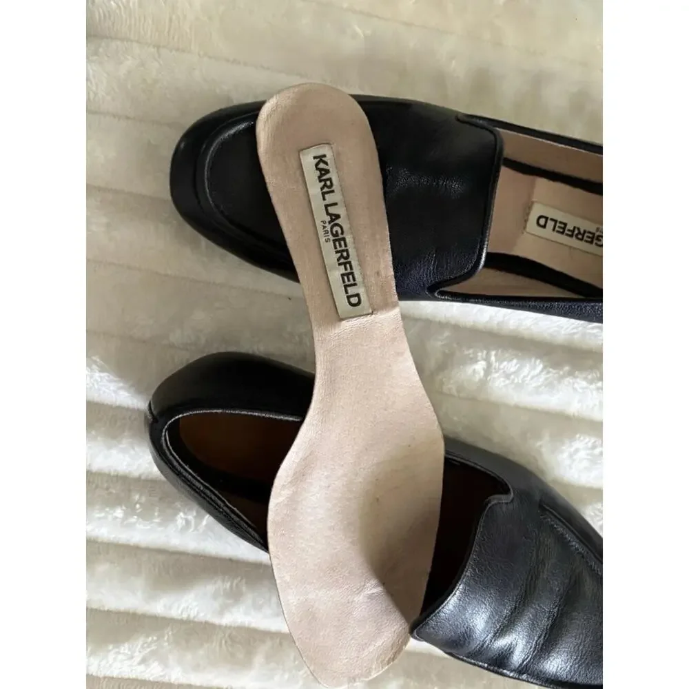 Karl Lagerfeld Brynn Black Leather Slip on Heel Loafers Shoes Women 6M US